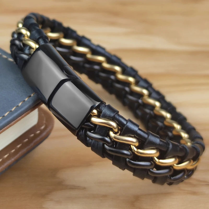 Genuine Leather Woven Silver/Gold Plated Magnetic Chain Bracelet for Men
