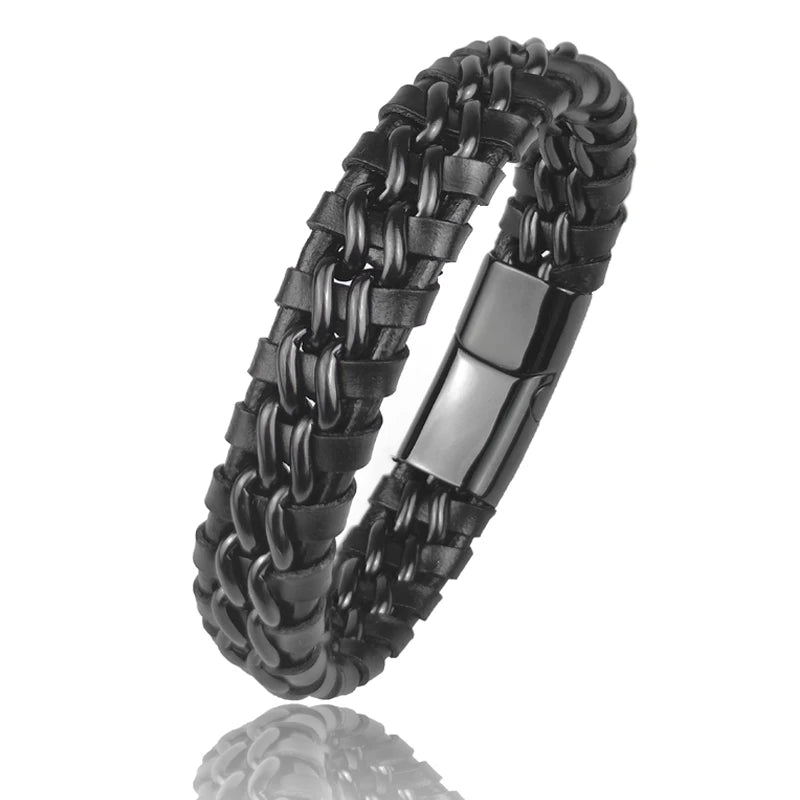 Genuine Leather Woven Silver/Gold Plated Magnetic Chain Bracelet for Men