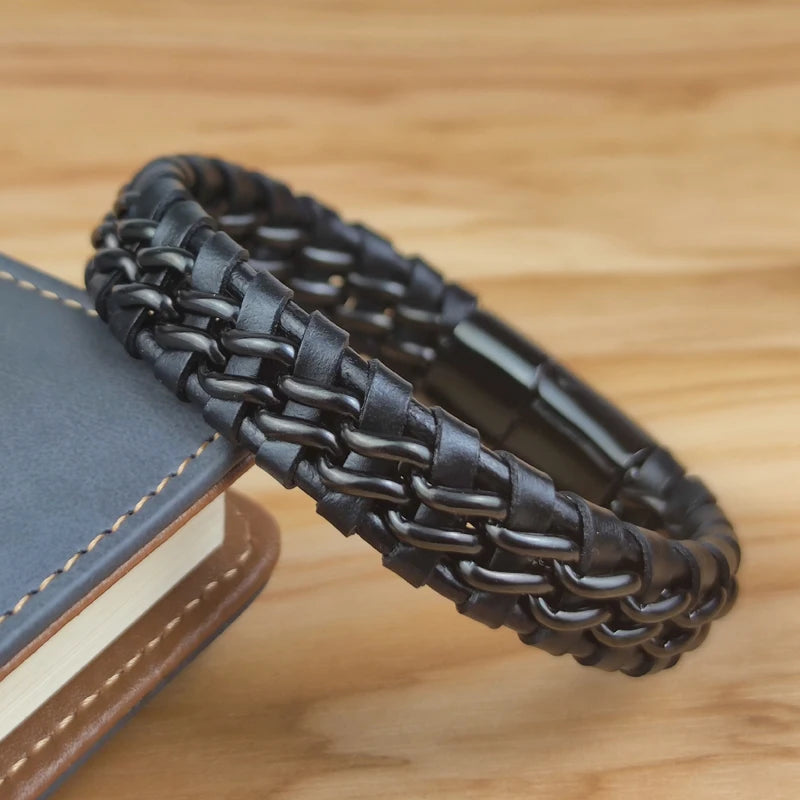 Genuine Leather Woven Silver/Gold Plated Magnetic Chain Bracelet for Men