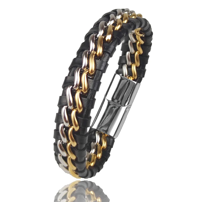 Genuine Leather Woven Silver/Gold Plated Magnetic Chain Bracelet for Men