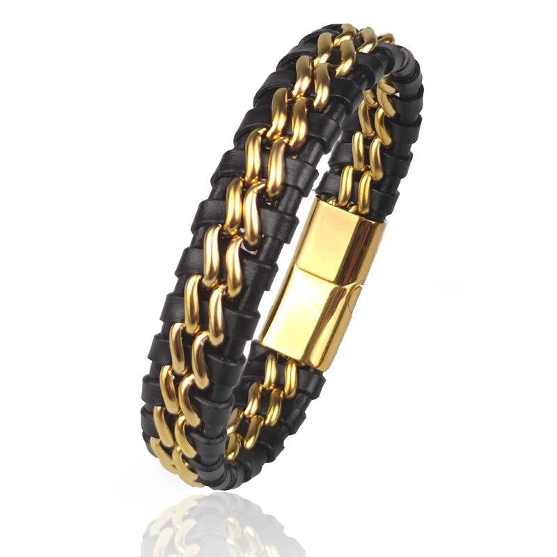 Genuine Leather Woven Silver/Gold Plated Magnetic Chain Bracelet for Men