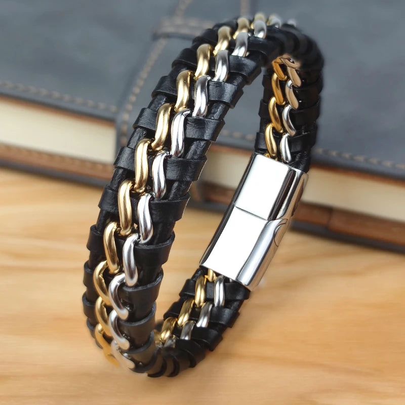 Genuine Leather Woven Silver/Gold Plated Magnetic Chain Bracelet for Men