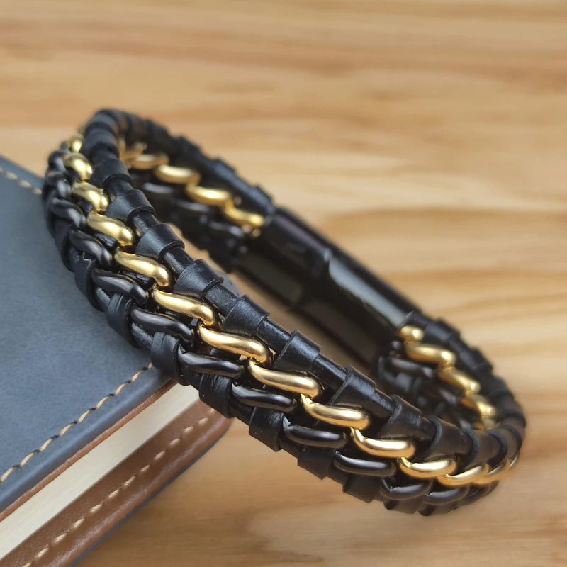 Genuine Leather Woven Silver/Gold Plated Magnetic Chain Bracelet for Men