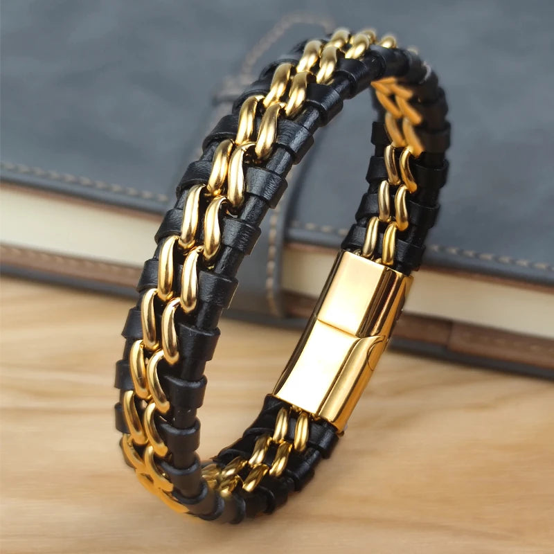 Genuine Leather Woven Silver/Gold Plated Magnetic Chain Bracelet for Men