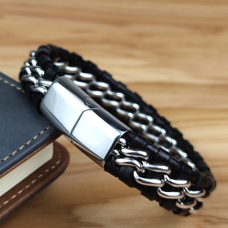 Genuine Leather Woven Silver/Gold Plated Magnetic Chain Bracelet for Men