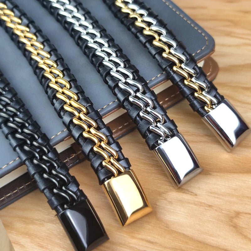 Genuine Leather Woven Silver/Gold Plated Magnetic Chain Bracelet for Men