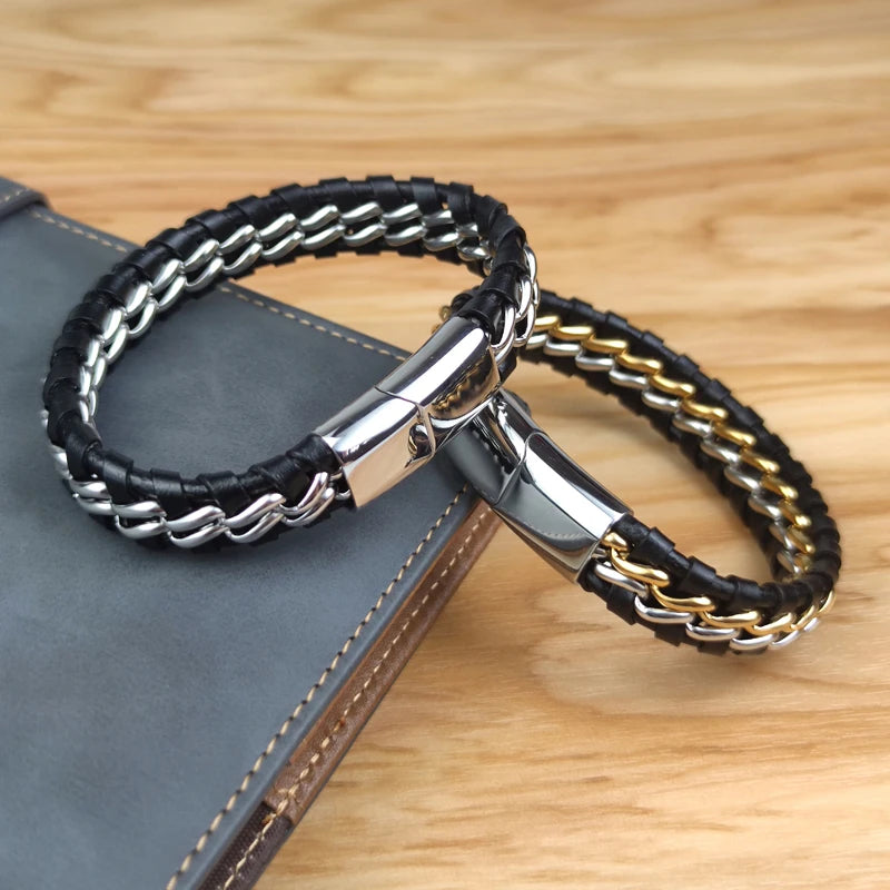 Genuine Leather Woven Silver/Gold Plated Magnetic Chain Bracelet for Men