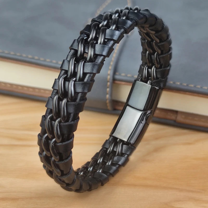 Genuine Leather Woven Silver/Gold Plated Magnetic Chain Bracelet for Men