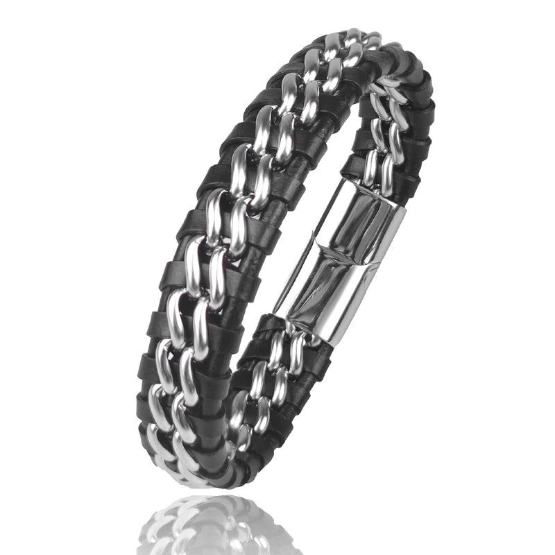 Genuine Leather Woven Silver/Gold Plated Magnetic Chain Bracelet for Men