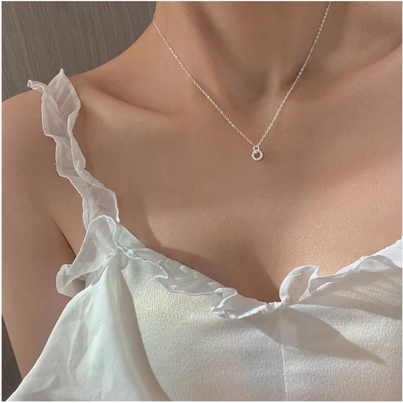 Silver Zircon Double Circle Pendant Necklace for Women
