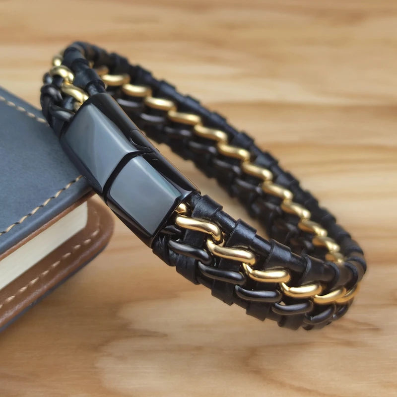 Genuine Leather Woven Silver/Gold Plated Magnetic Chain Bracelet for Men