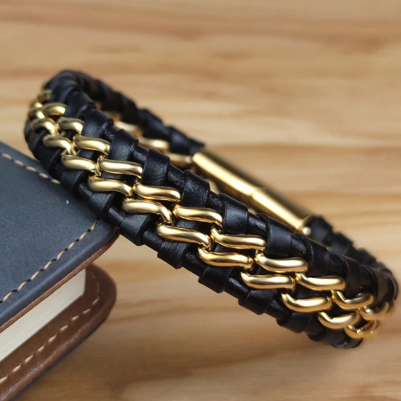 Genuine Leather Woven Silver/Gold Plated Magnetic Chain Bracelet for Men