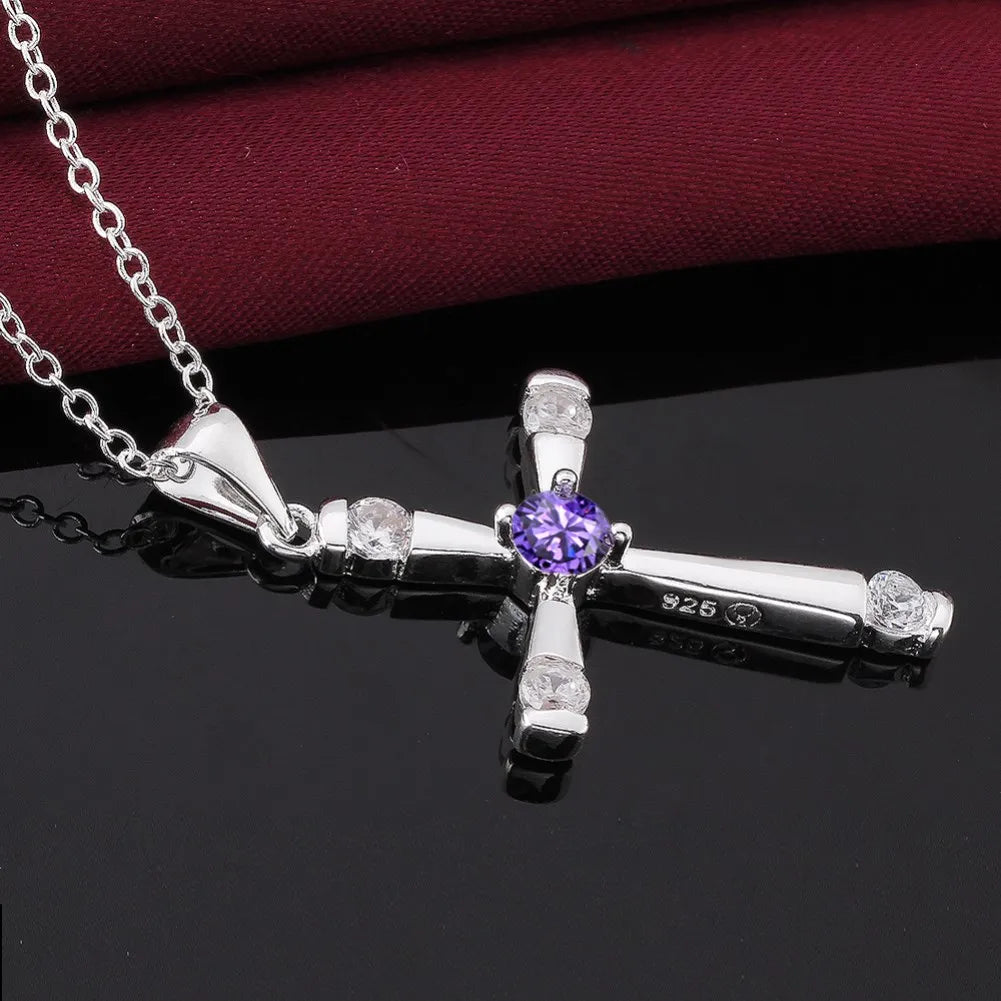 Silver Cross with Purple Center Diamond Stone Pendant Necklace for Women