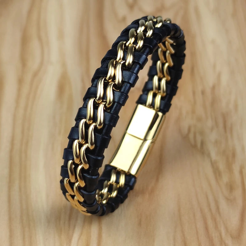 Genuine Leather Woven Silver/Gold Plated Magnetic Chain Bracelet for Men