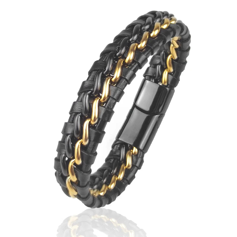 Genuine Leather Woven Silver/Gold Plated Magnetic Chain Bracelet for Men