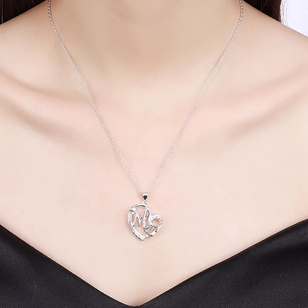 "Mom" Crystal Heart Pendant Necklace for Women