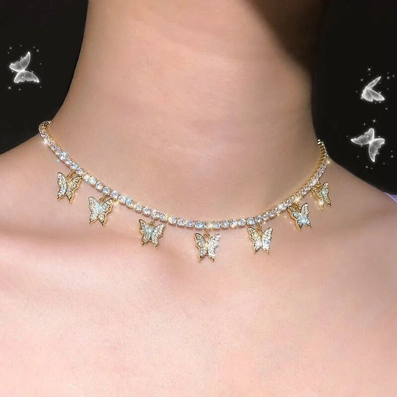 Butterfly Earrings or Crystal Rhinestone Necklaces with 5 Butterflies for Women