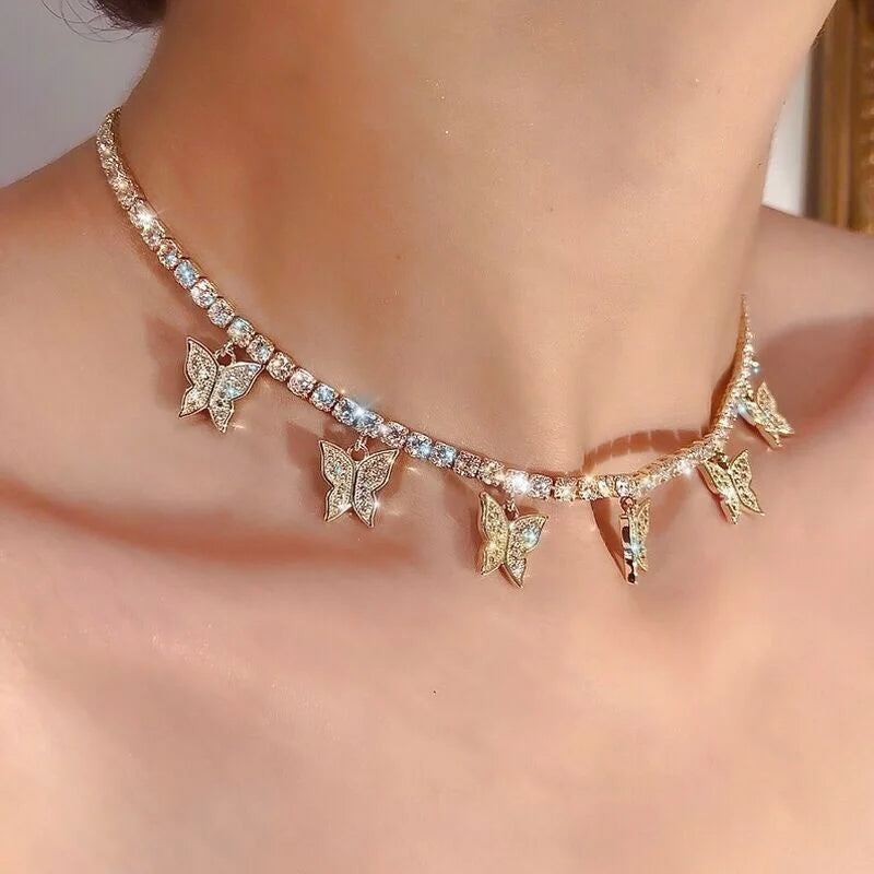 Butterfly Earrings or Crystal Rhinestone Necklaces with 5 Butterflies for Women