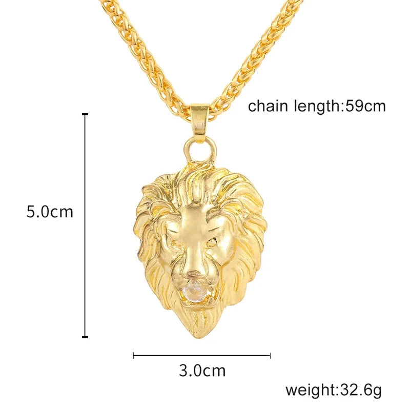 Lion Head with Crystal Stone Pendant Necklace for Men