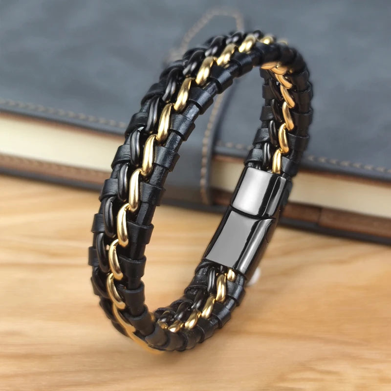 Genuine Leather Woven Silver/Gold Plated Magnetic Chain Bracelet for Men