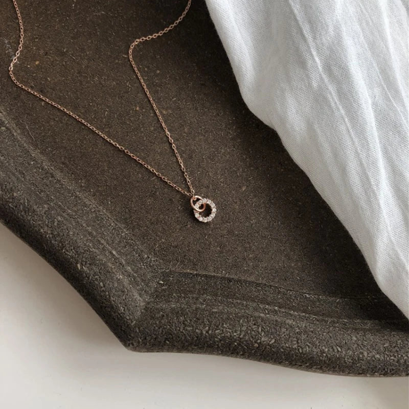 Silver Zircon Double Circle Pendant Necklace for Women