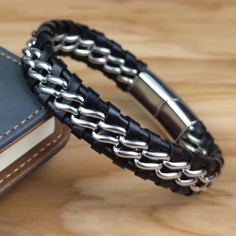 Genuine Leather Woven Silver/Gold Plated Magnetic Chain Bracelet for Men