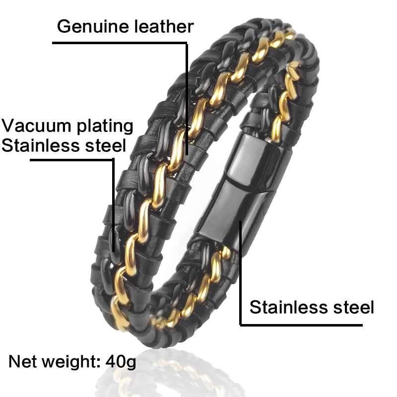 Genuine Leather Woven Silver/Gold Plated Magnetic Chain Bracelet for Men