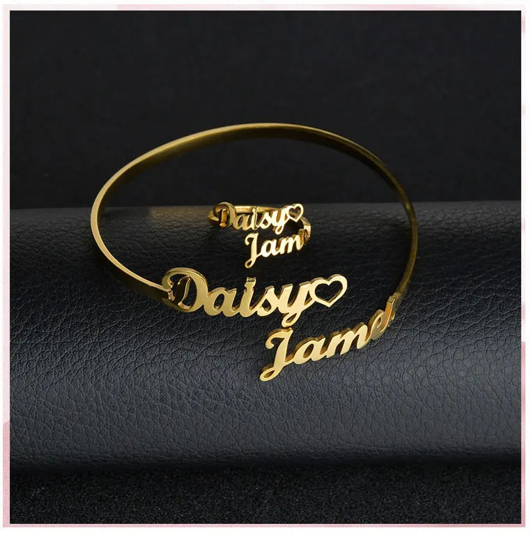 Custom Personalized Double Name Silver/Gold Plated Stainless Steel Adjustable Bracelet and Ring Sets (also sold separately)