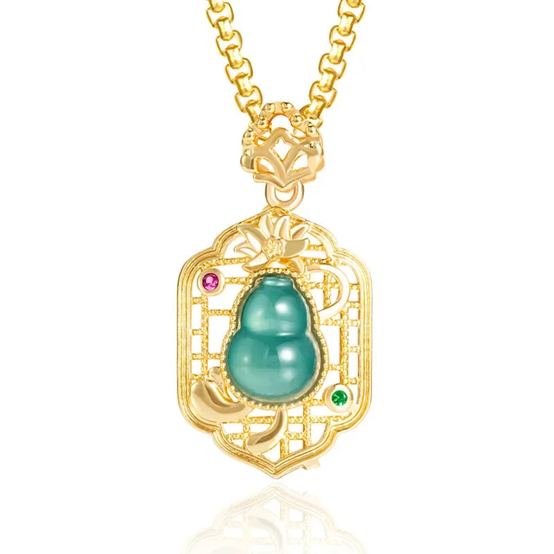 18K Gold Green Natural Jade Pendant Necklace