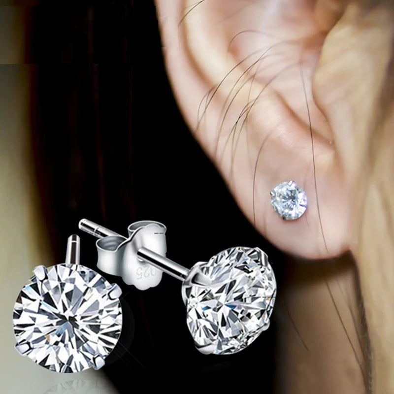 Silver Round Diamond Stud Earrings for Women