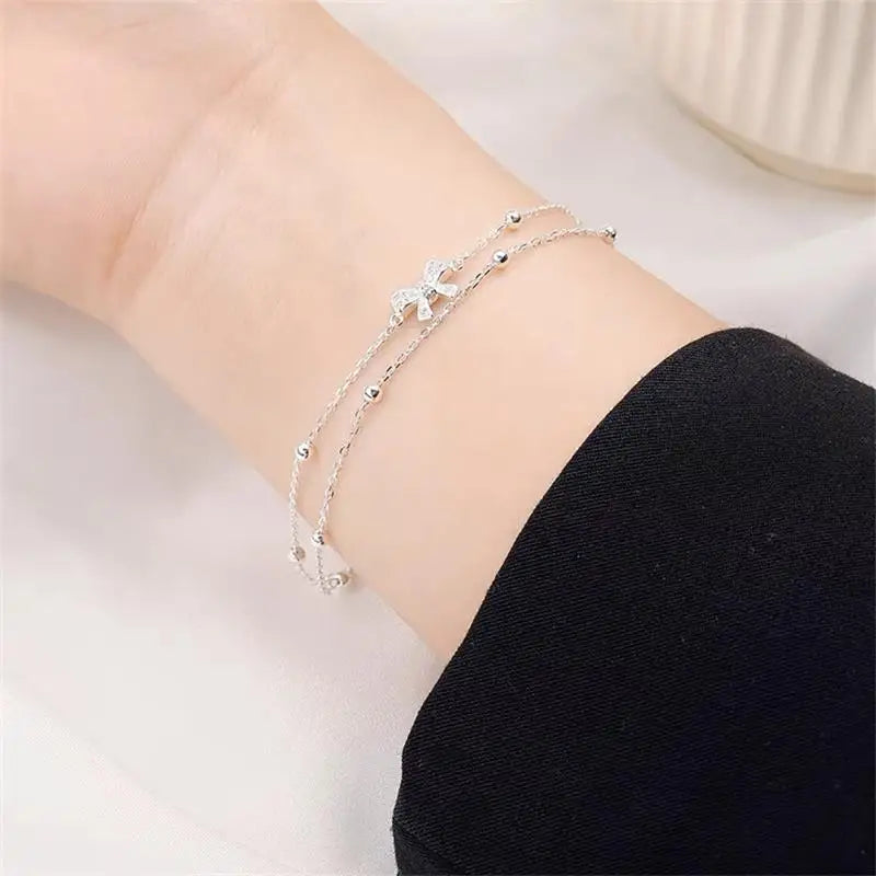 Silver Double-Layer Layered Zircon Bow Tie Charm Bracelet for Women