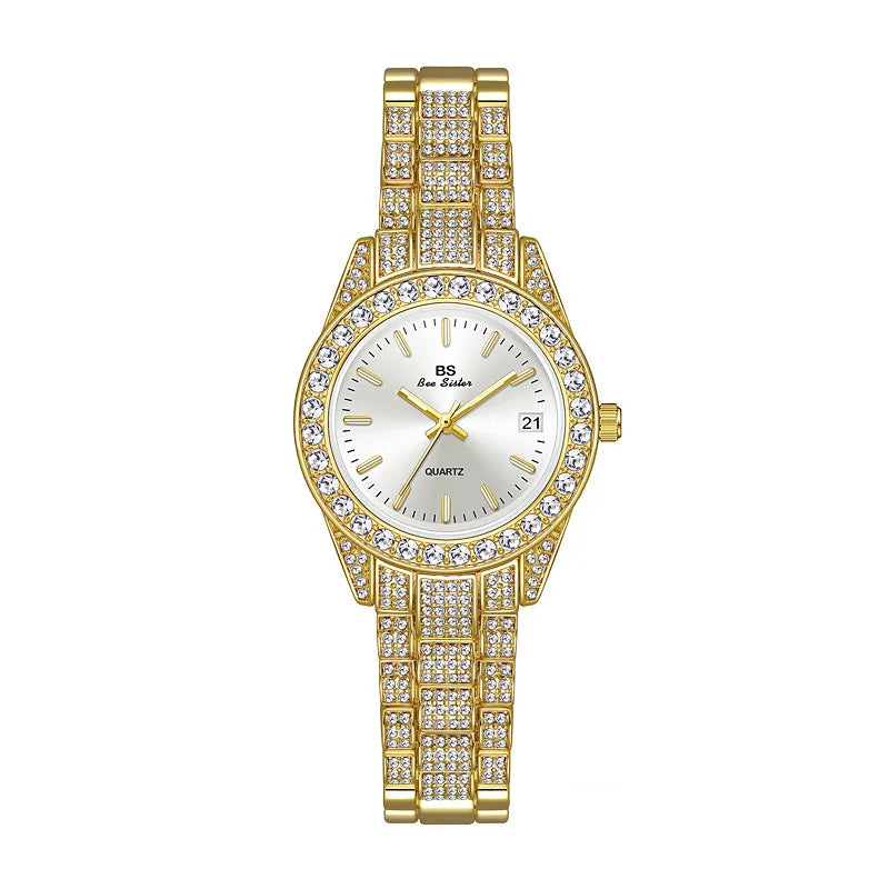 Luxury Crystal Silver Gold Quartz Watches with Calendar for Women