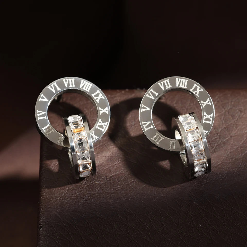 Roman Numerals Detail Rhinestone Stud Earrings for Women