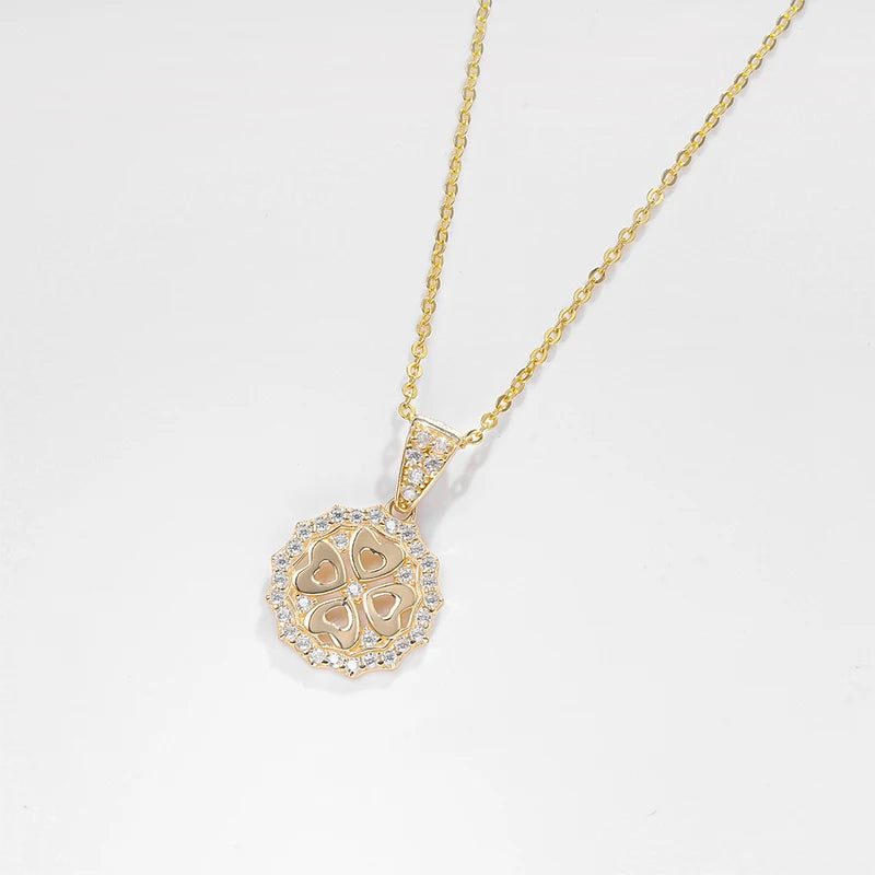 14K Solid Gold Halo Cubic Zirconia Four Leaf Clover Heart Pendant Necklace with Link Chain