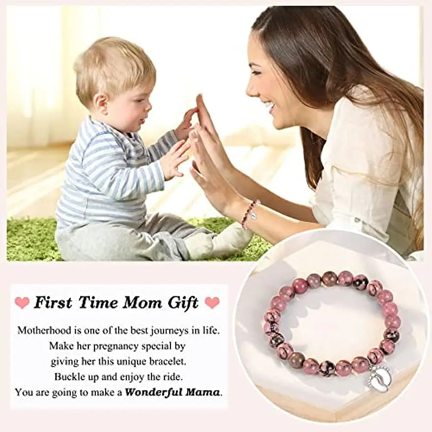 "New Mom" Natural Bead Stone Bracelet with Tiny Feet Charm for Women