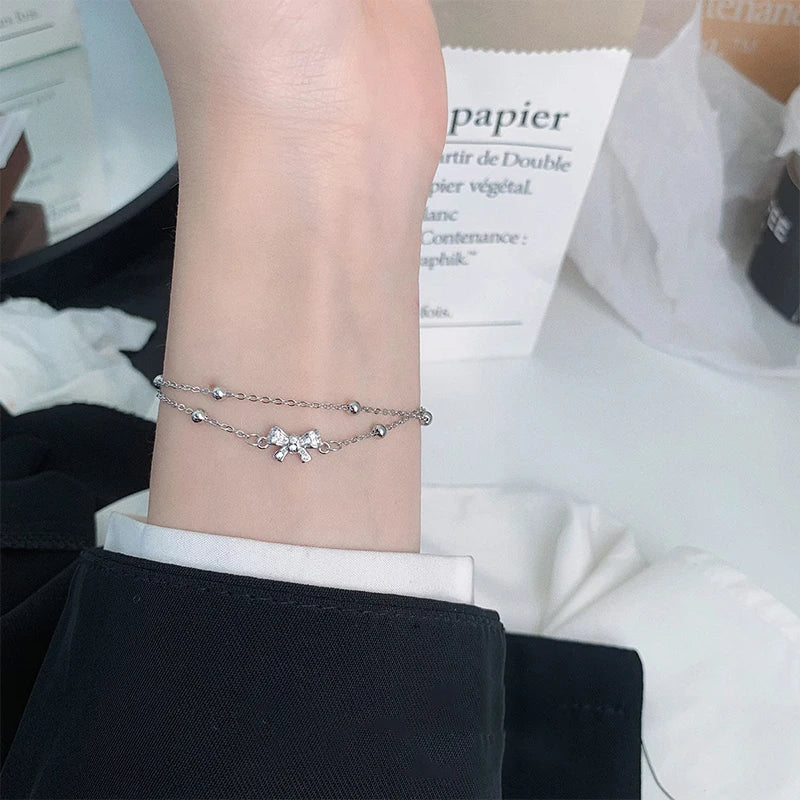 Silver Double-Layer Layered Zircon Bow Tie Charm Bracelet for Women