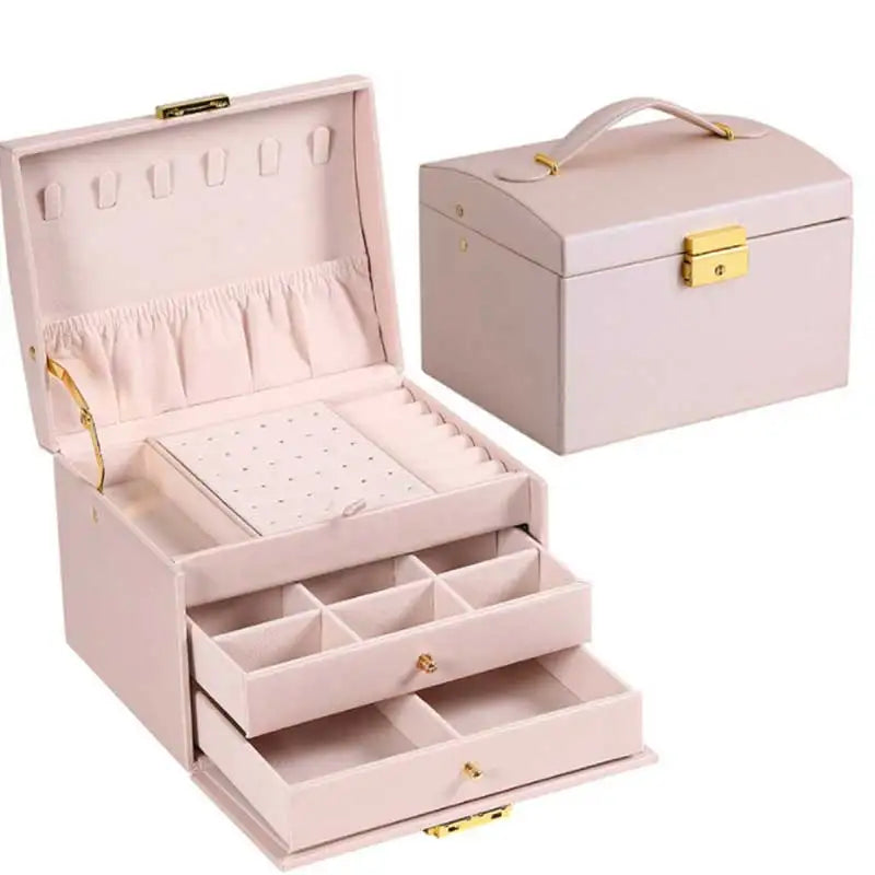 Three Drawer Leather Jewellery Box with Handle and Security Key Lock