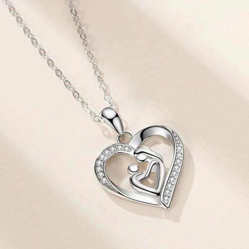 Mother and Child in Zircon Heart Pendant Necklace for Women