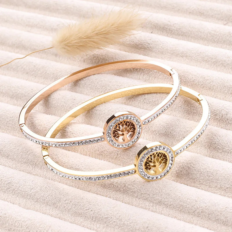 18K Gold-Plated Diamond Tree Of Life Charm Bangle Bracelet for Women