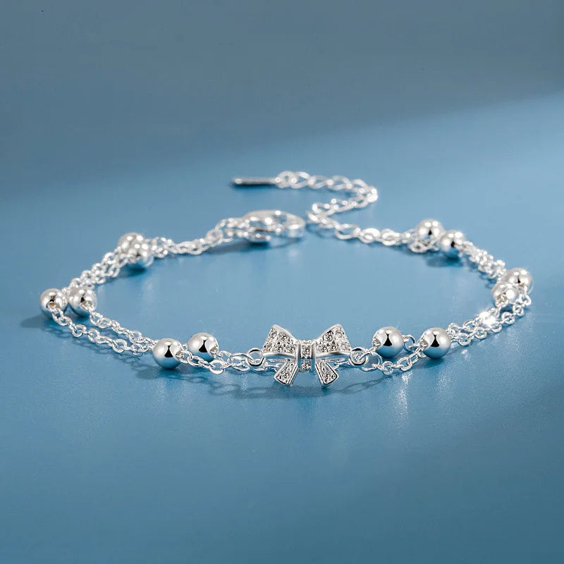 Silver Double-Layer Layered Zircon Bow Tie Charm Bracelet for Women