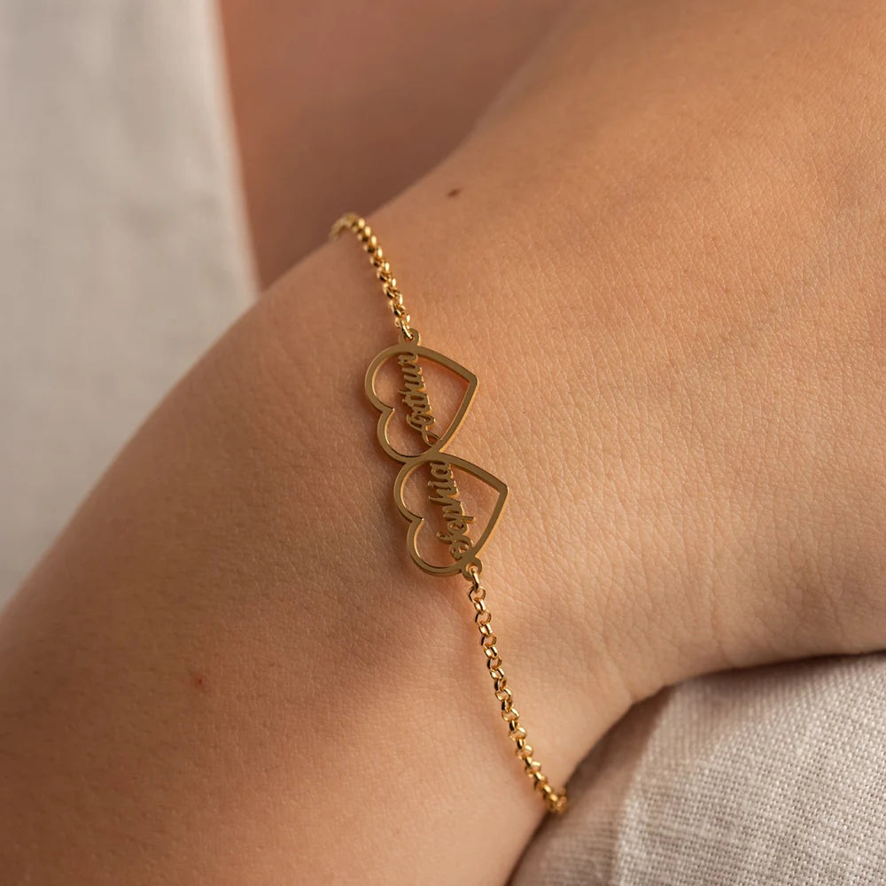 Custom Personalized Double Heart with 2 Names Bracelet