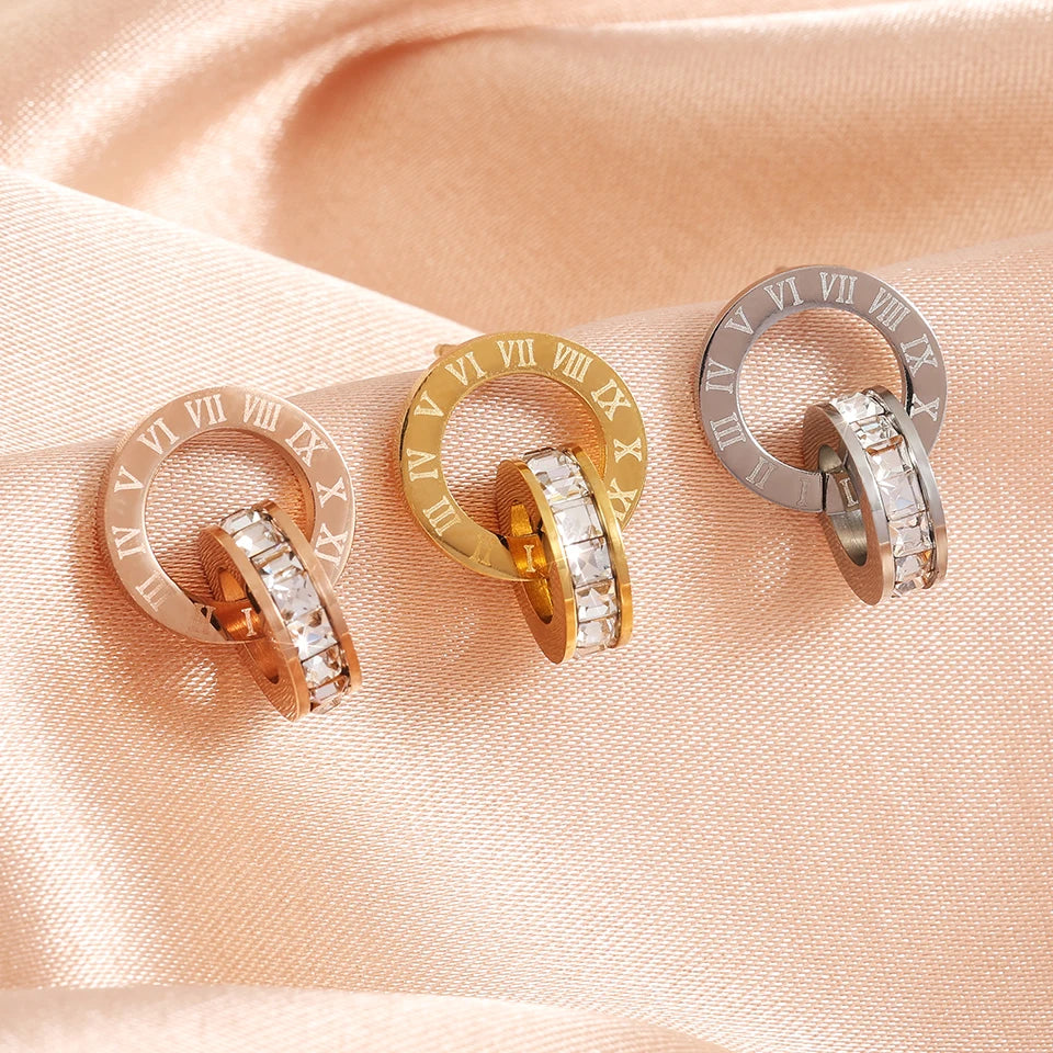 Roman Numerals Detail Rhinestone Stud Earrings for Women