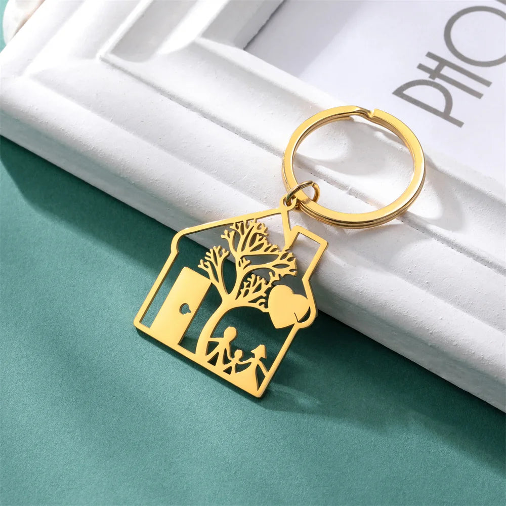 House Shape Keychain with Tree and Family Image