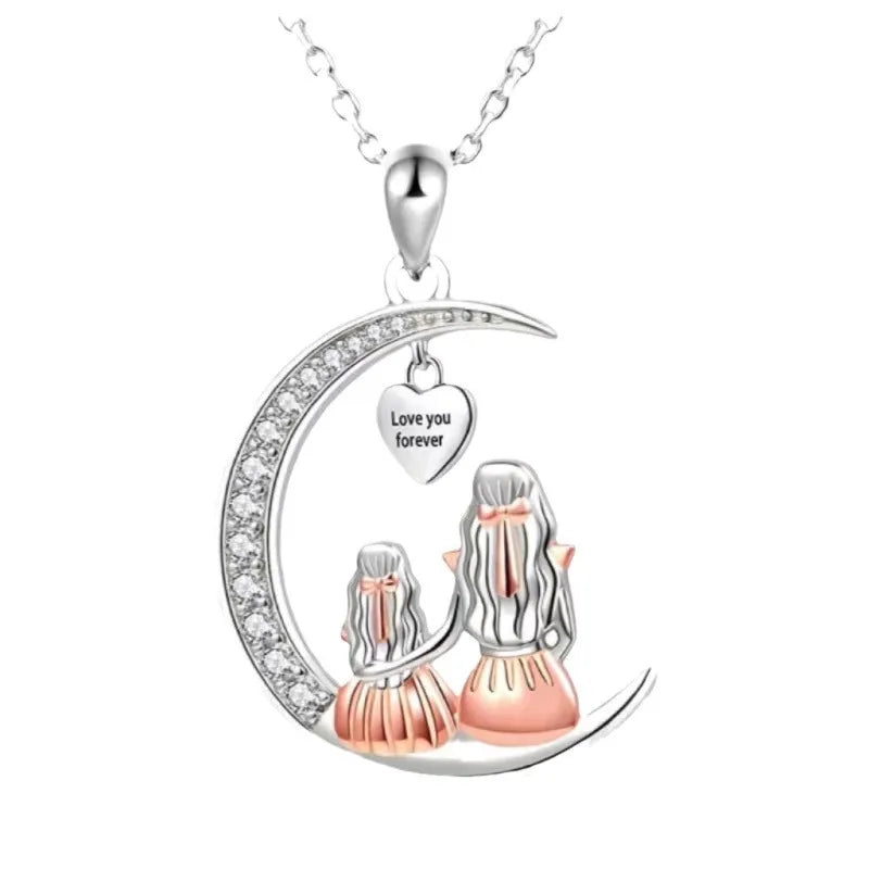 "Love You Forever" Mom Daughter Crescent Moon Zircon Necklace with Heart Charm