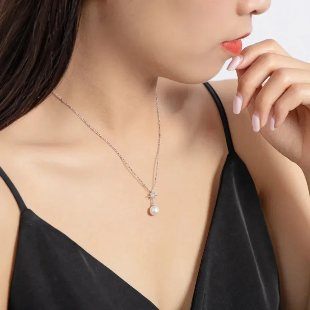 Silver Freshwater Pearl with Diamond Star Pendant Necklace for Women