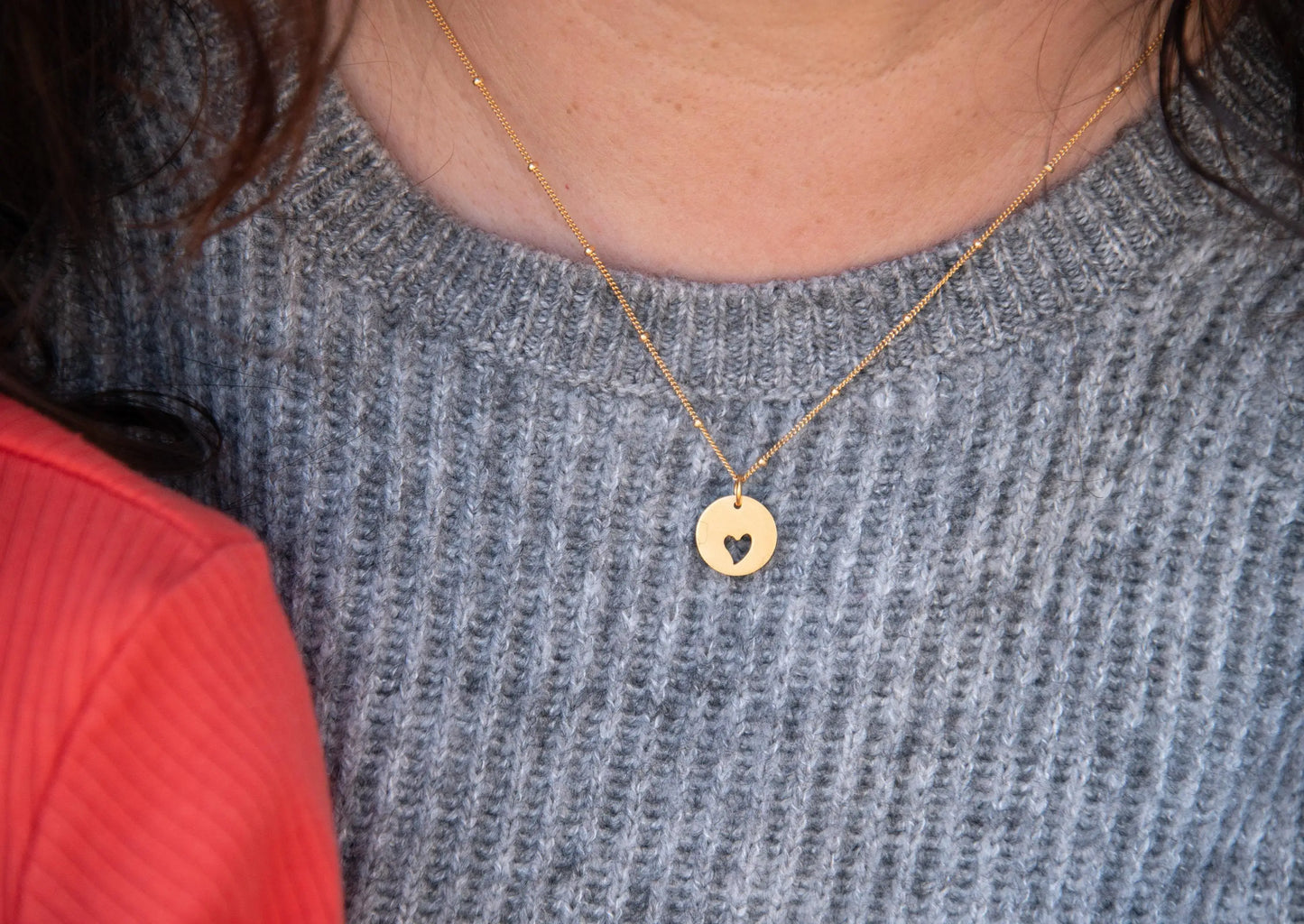"Mother & Daughter" 2Pcs Circle with Heart Cut-Out and Connecting Heart Puzzle Necklaces Set