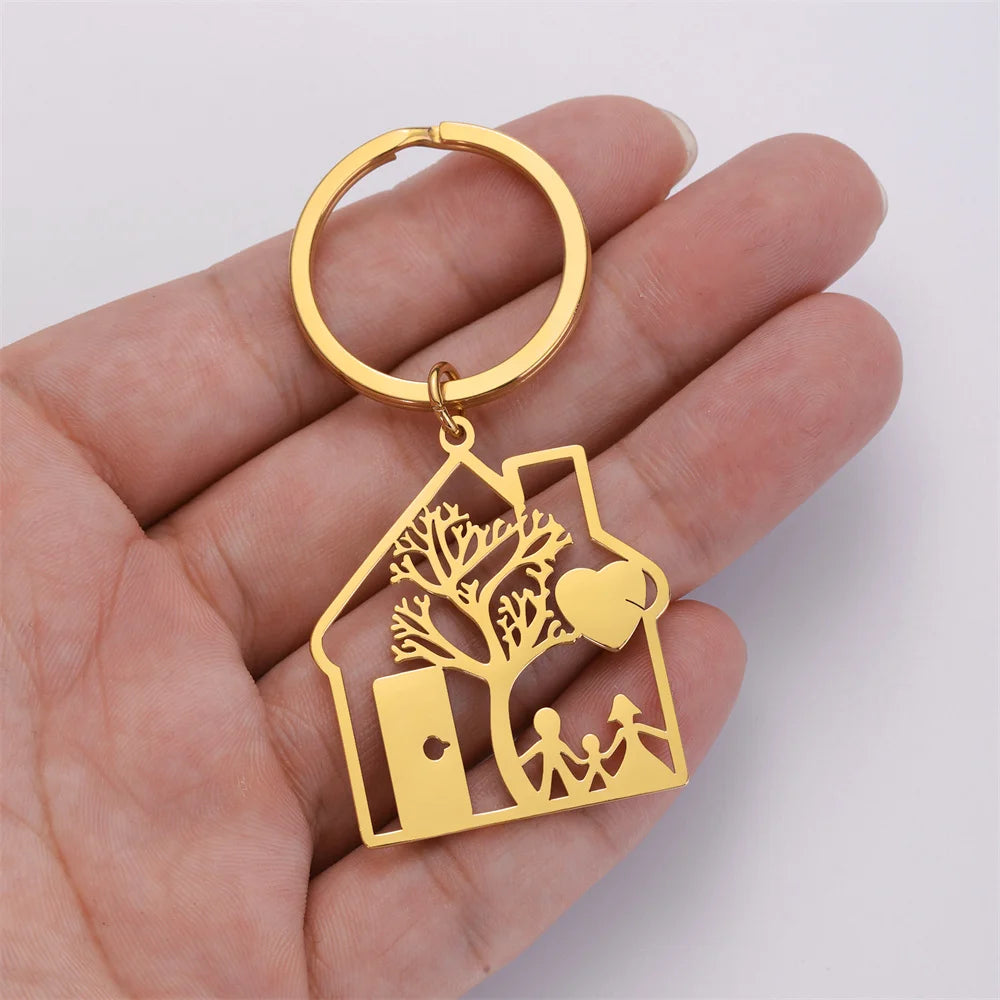 House Shape Keychain with Tree and Family Image