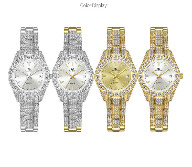 Luxury Crystal Silver Gold Quartz Watches with Calendar for Women