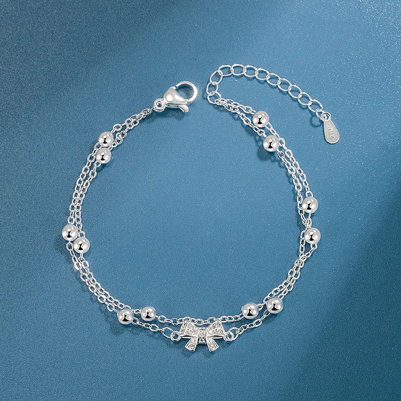 Silver Double-Layer Layered Zircon Bow Tie Charm Bracelet for Women