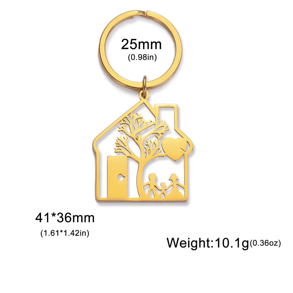 House Shape Keychain with Tree and Family Image